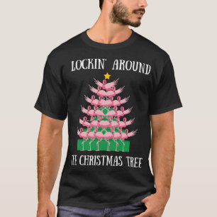 Flamingo springt rond de kerstboomverlichting t-shirt