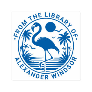 Flamingo Staand, Palmboom Bibliotheek Boeknaam Zelfinktende Stempel