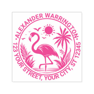 Flamingo Staande Palmboom Zon Naam Adres Zelfinktende Stempel