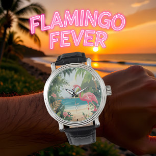 Flamingo Strand Tropisch Horloge
