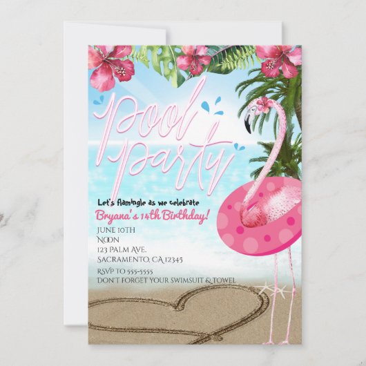 Flamingo Summer Birthday POOL PARTY Uitnodigingen (Voorkant)