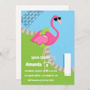 Flamingo Summer Splish Splash Kids Birthday Party Kaart