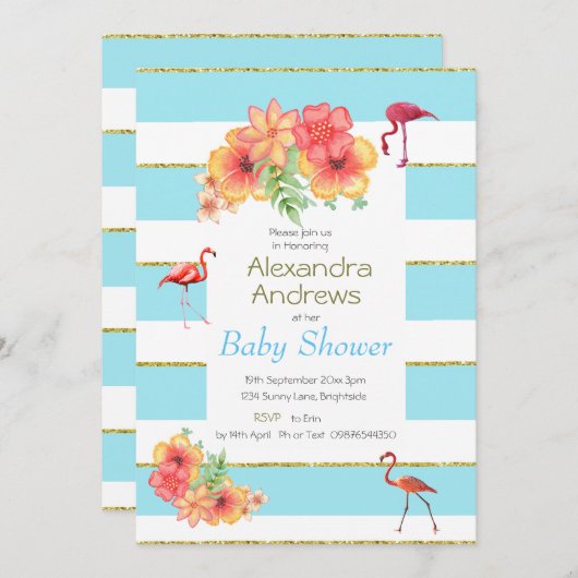 Flamingo Tropical Blue Stripe Baby shower Kaart (Voorkant / Achterkant)