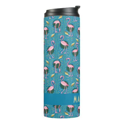 Flamingo Tropical Cute Blauwgroen Gold Pattern Cus Thermosbeker (Gedraaid links)