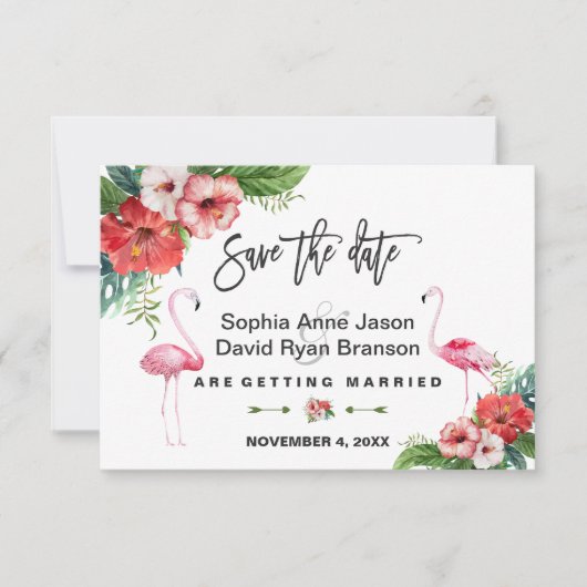 Flamingo Tropical Floral Handwriting Save the Date (Voorkant)