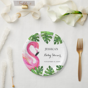 Flamingo Tropical Leaves Baby shower Party Papieren Bordje