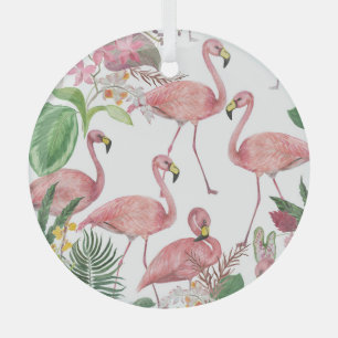 Flamingo Tropical Leaves Waterverf Glas Ornament