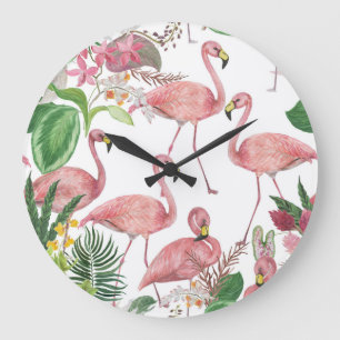 Flamingo Tropical Leaves Waterverf Grote Klok