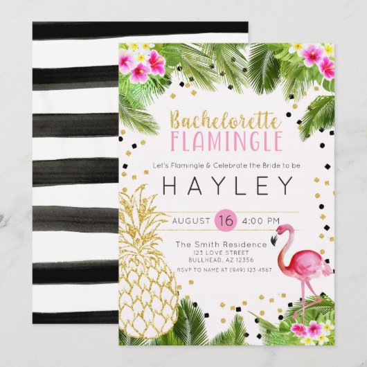 Flamingo Tropical Pineapple Bachelorette Invite Kaart (Voorkant / Achterkant)