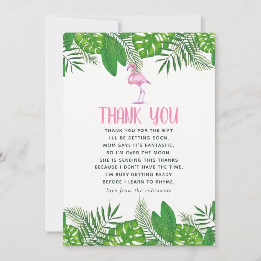 Flamingo Tropical Waterverf Baby shower Dank u Bedankkaart (Voorkant)