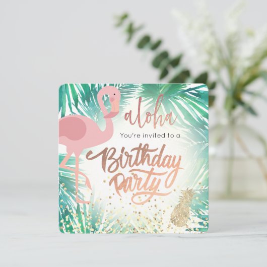 flamingo tropisch verjaardagsfeestje kaart (Staand voorkant)