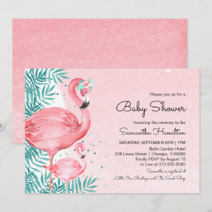 Flamingo & Tropische Bladeren Watercolor Baby Show Kaart