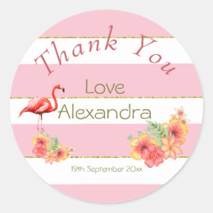 Flamingo Tropische Bloemen Roze Streep Baby shower Ronde Sticker
