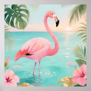 Flamingo Tropische Zonsondergang Aquarel Poster