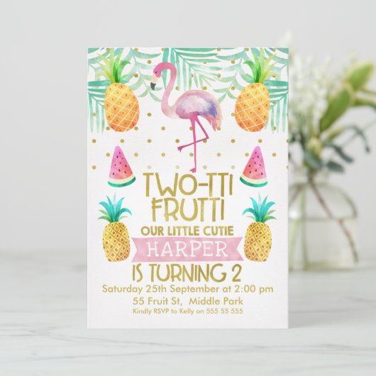 Flamingo Two-Tii Frutti 2e verjaardag Uitnodiging (Staand voorkant)