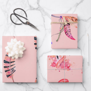 Flamingo & veren wrapping papier set van 3 inpakpapier vel