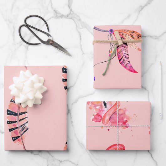 Flamingo & veren wrapping papier set van 3 inpakpapier vel (Voorkant)