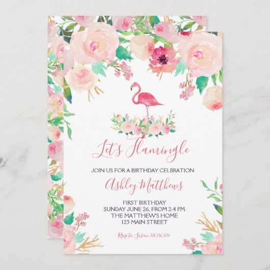Flamingo Verjaardag Uitnodiging, Flamingo Douche Kaart (Voorkant / Achterkant)