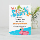Flamingo verjaardags zwembadfeest uitnodiging (Staand voorkant)