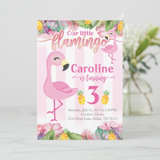 Flamingo verjaardagsfeest uitnodiging Flamingo uit (Staand voorkant)