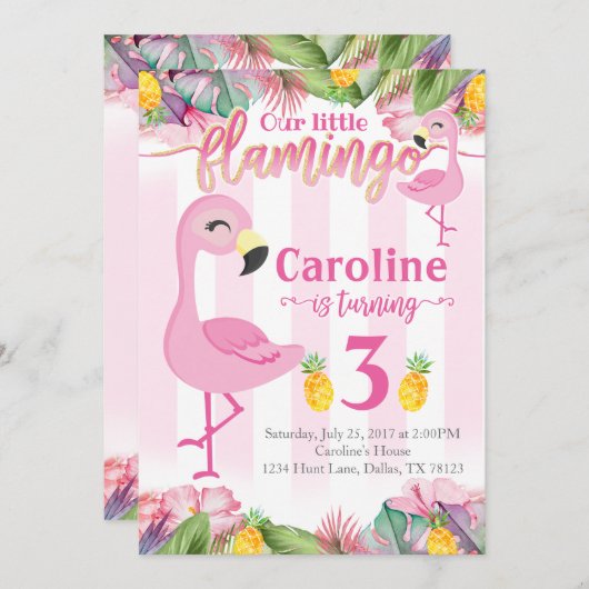 Flamingo verjaardagsfeest uitnodiging Flamingo uit (Voorkant / Achterkant)