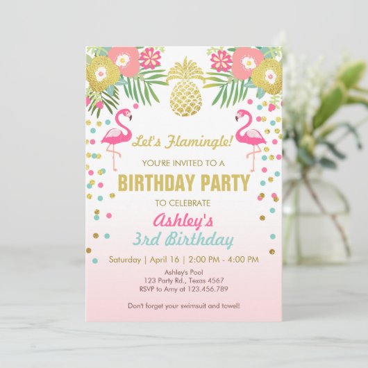 Flamingo Verjaardagsfeest uitnodiging Tropisch Haw (Staand voorkant)
