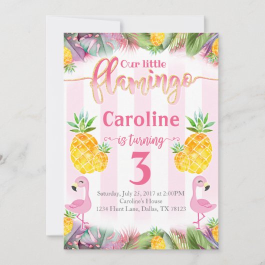 Flamingo verjaardagsfeestje uitnodiging ananas (Voorkant)