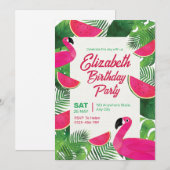 Flamingo verjaardagsuitnodiging, Zwembadfeest verj Kaart (Voorkant / Achterkant)