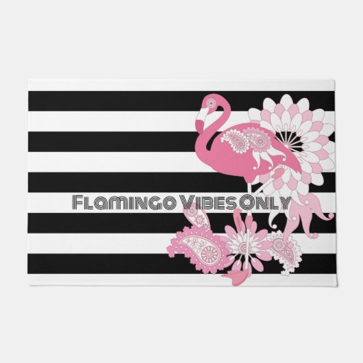 Flamingo Vibes Only Zwart & Wit Gestreepte Flaming Deurmat (Voorkant)