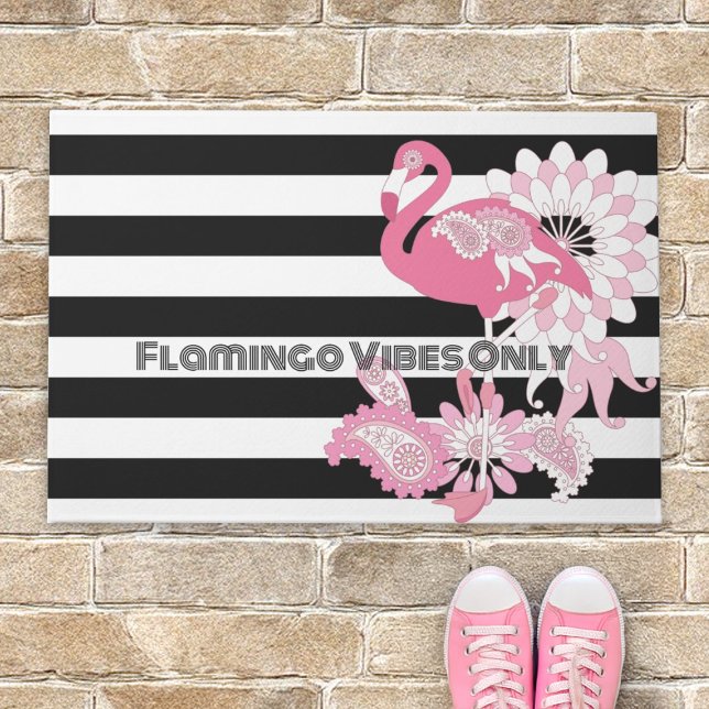 Flamingo Vibes Only Zwart & Wit Gestreepte Flaming Deurmat (Creator heeft geüpload)