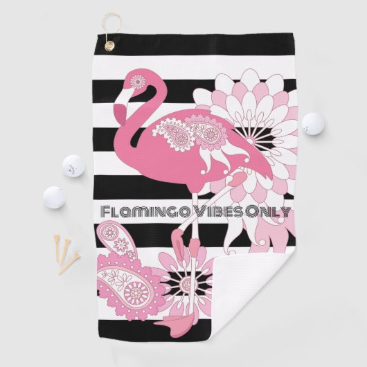 Flamingo Vibes Only Zwart & Wit Stripes Flamingo Golfhanddoek (Insitu)