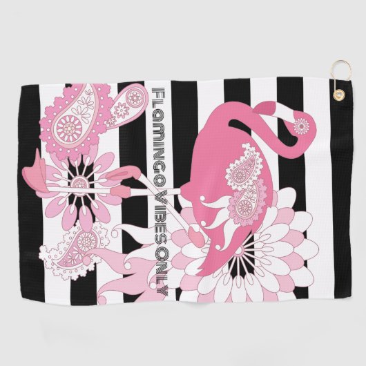 Flamingo Vibes Only Zwart & Wit Stripes Flamingo Golfhanddoek (Horizontaal)