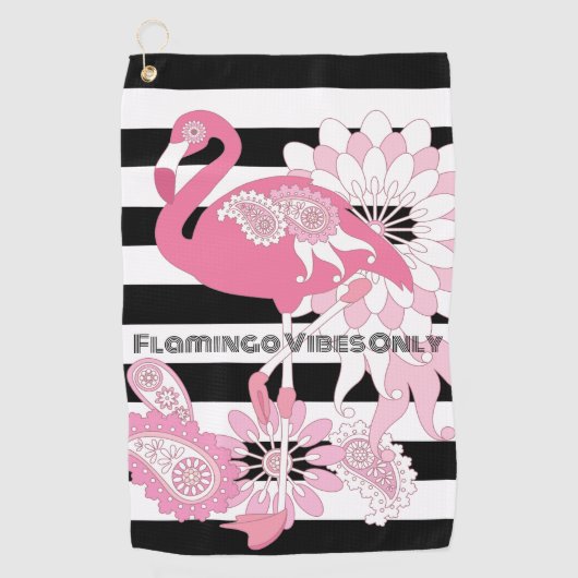 Flamingo Vibes Only Zwart & Wit Stripes Flamingo Golfhanddoek (Voorkant)