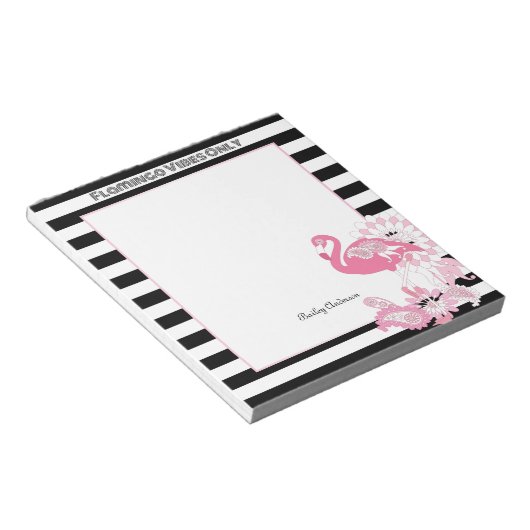 Flamingo Vibes Only Zwart & Wit Stripes Flamingo Notitieblok (Schuin)