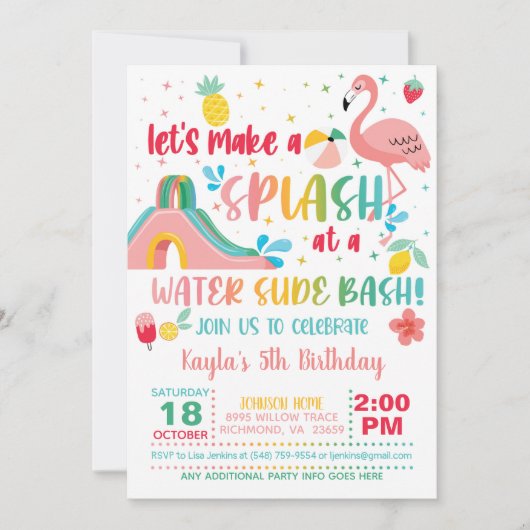 Flamingo Water Slide Birthday Uitnodiging (Voorkant)