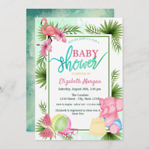 Flamingo, Watermeloen, Elephant Palm Baby shower Kaart
