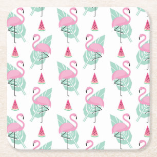 Flamingo & Watermelon Pastel Pattern Vierkante Kartonnen Onderzetter