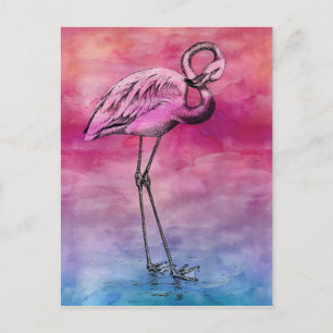 Flamingo Waterverf  Roze Flamingos Retro Briefkaart