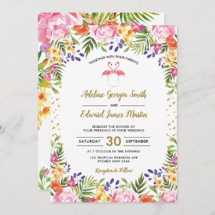Flamingo Wedding Tropical Floral Palm leaves Gold Kaart