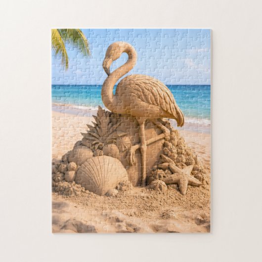 Flamingo Zand Sculptuur op Tropisch Strand Legpuzzel (Verticaal)