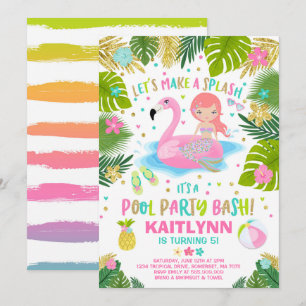 Flamingo & Zeemeermin Pool Party Uitnodiging Tropi