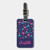 Flamingo zomer blauw roze monogram bagagelabel (Voorkant verticaal)