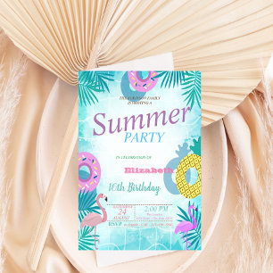 Flamingo Zomer Zwembad Verjaardagsfeestje Kaart