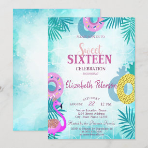 Flamingo ZomerZwembad Sweet 16 Feestje Kaart