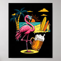 Flamingo Zonnebril Drinkt Bier Op Strand Grappig