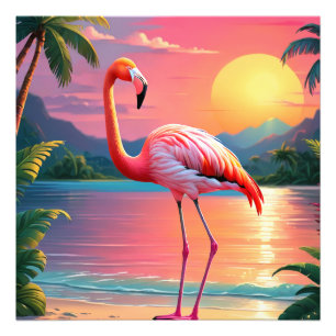 Flamingo Zonsondergang Tropisch Strand  Foto Afdruk