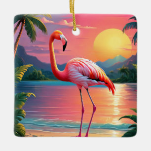 Flamingo Zonsondergang Tropisch Strand Keramisch Ornament