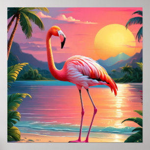 Flamingo Zonsondergang Tropisch Strand  Poster