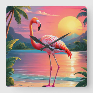 Flamingo Zonsondergang Tropisch Strand Vierkante Klok