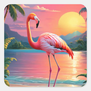 Flamingo Zonsondergang Tropisch Strand  Vierkante Sticker